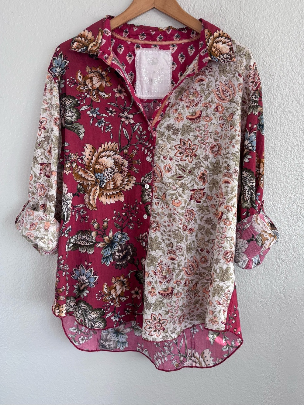 Cino Mixed Floral Patchwork Cotton Tunic Button Down Shirt Blouse XXL Boho Folk - Picture 10 of 13